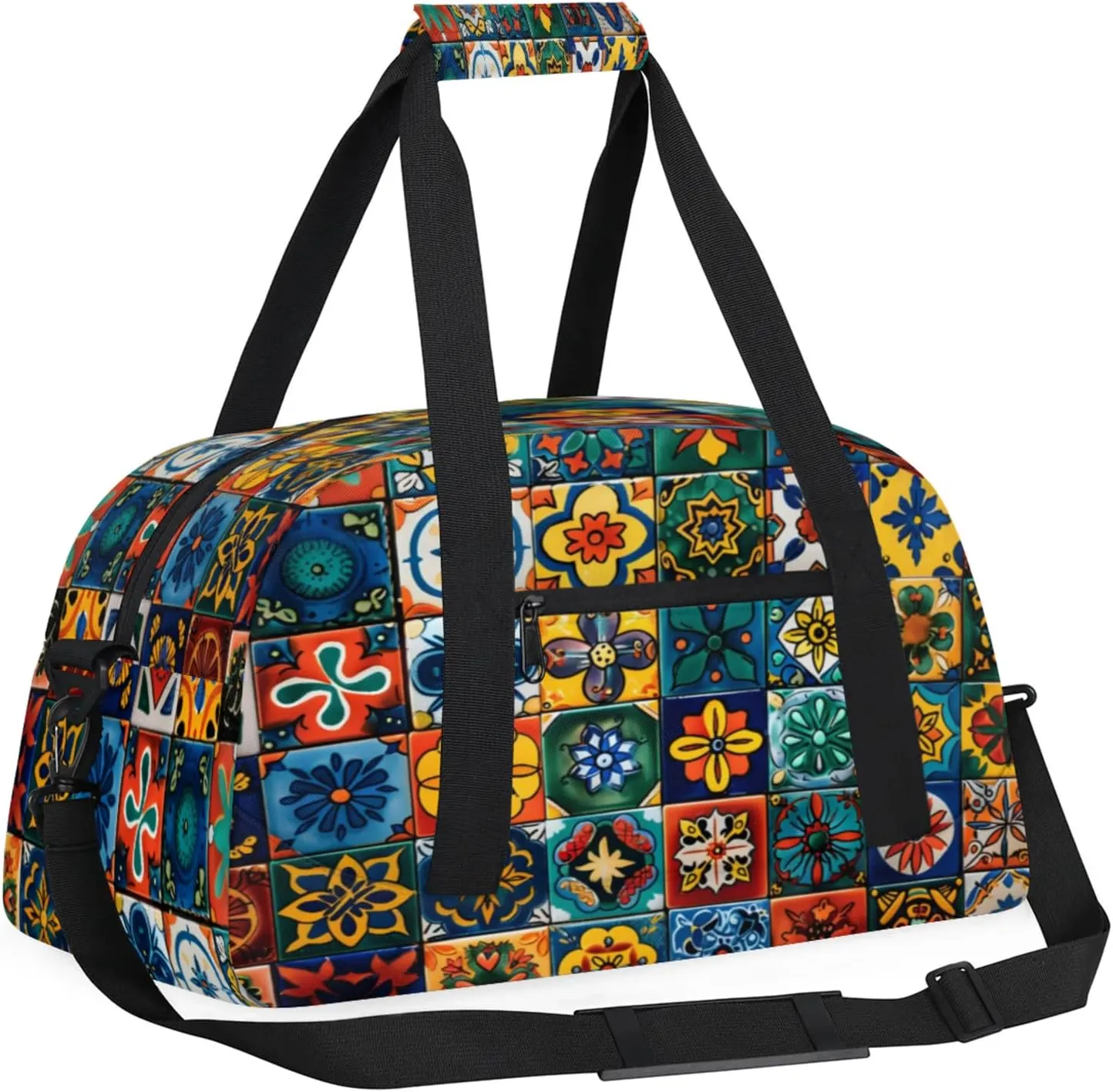 Mexican Talavera Ceramic Tile Gym Bag for Women Men, Sports Travel Duffel Bag Lightweight Workout Bag Carry On Overnight Weekender Bag