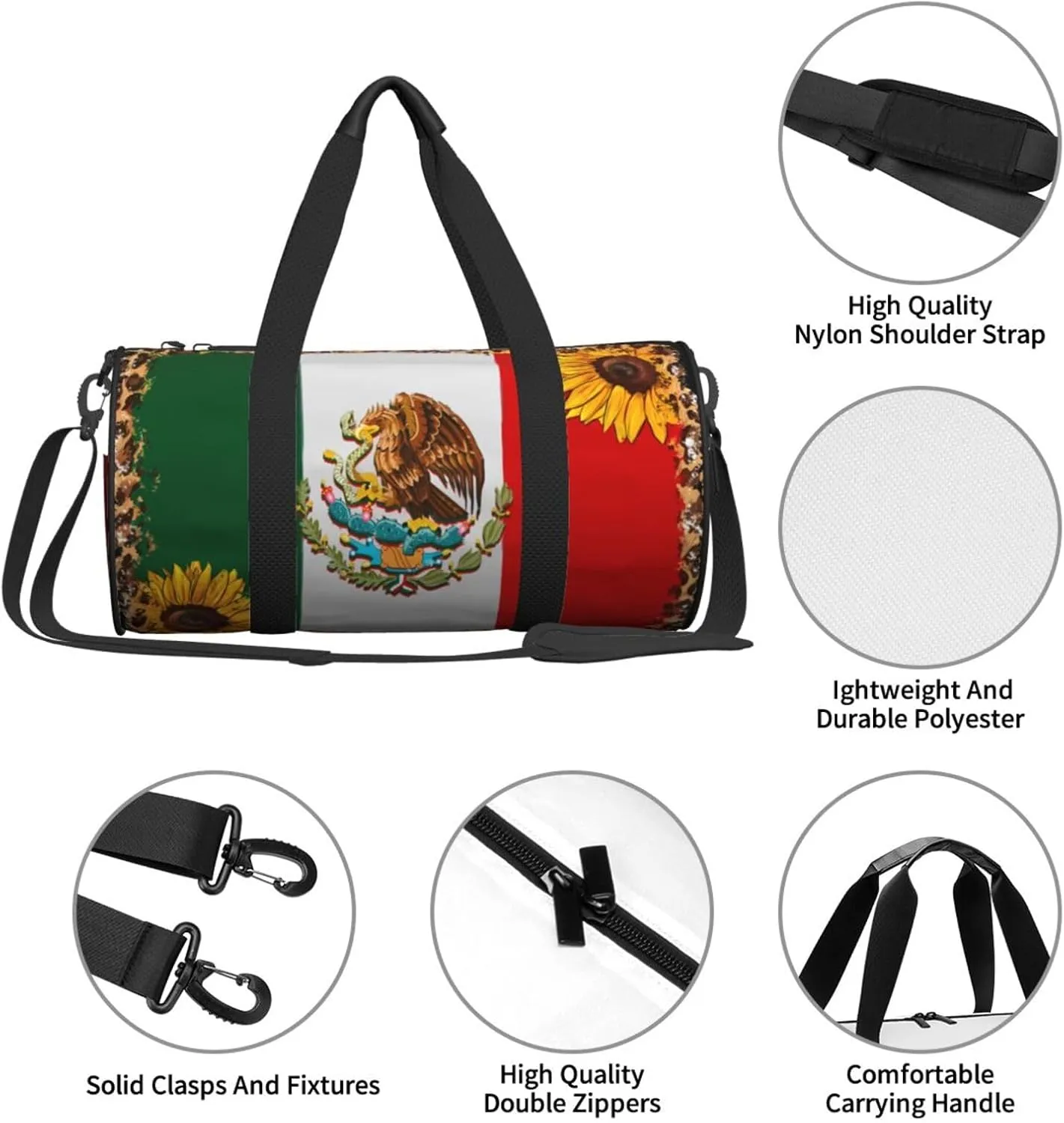Mexico Mexican Eagle Sunflower Flag Round Travel Duffel Bag Large Capacity Gym Sports Bags for Hiking Vacation Trips