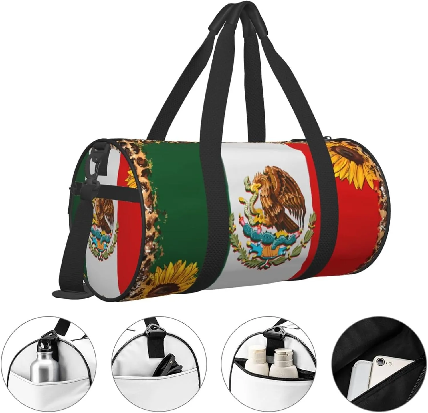 Mexico Mexican Eagle Sunflower Flag Round Travel Duffel Bag Large Capacity Gym Sports Bags for Hiking Vacation Trips