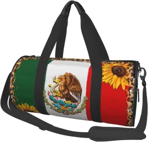 Mexico Mexican Eagle Sunflower Flag Round Travel Duffel Bag Large Capacity Gym Sports Bags for Hiking Vacation Trips