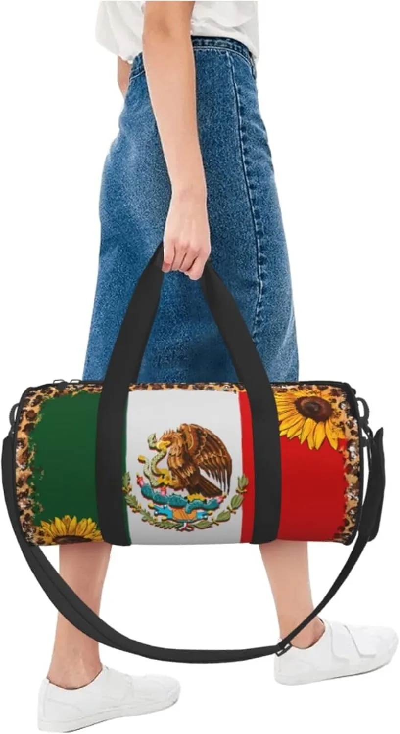 Mexico Mexican Eagle Sunflower Flag Round Travel Duffel Bag Large Capacity Gym Sports Bags for Hiking Vacation Trips