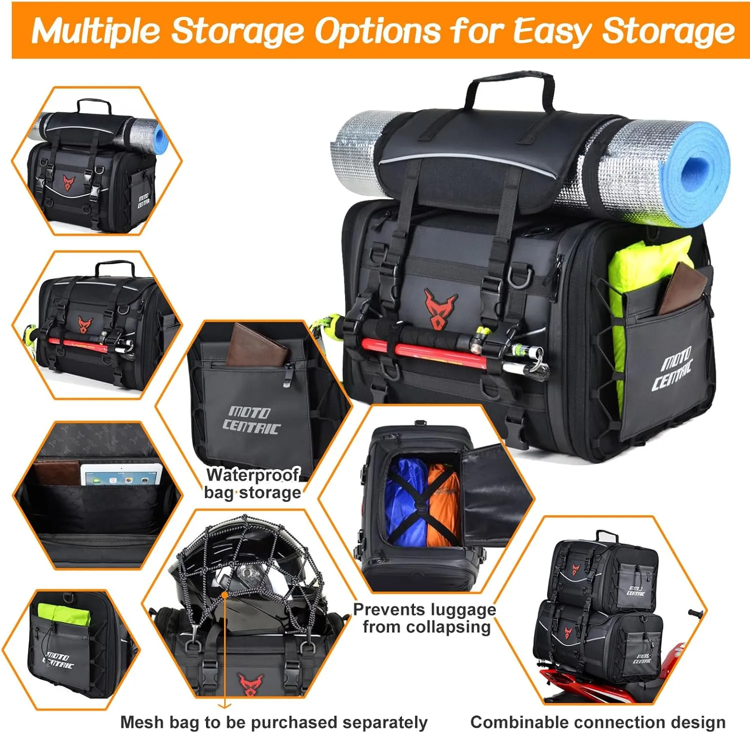 MIGHTYDUTY Motorcycle Tail Bag Expandable Large Capacity 45-60L Motorcycle Luggage Bag Waterproof 1200D Oxford Fabric Multifunctional Motorcycle Bag For Back Seat M