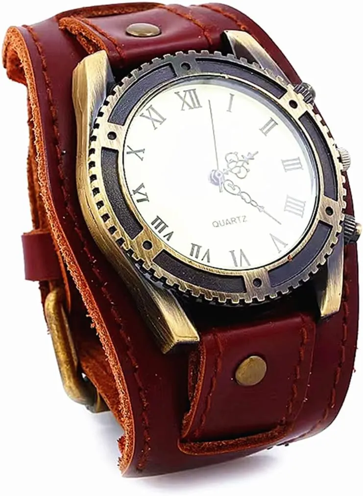 MINILUJIA Handmade Vintage Retro Punk Men Wrist Watch Bronze Dial Wide Genuine Leather Band Cuff Quartz Man Watches for Halloween