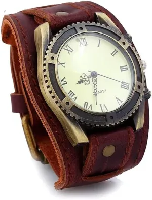 MINILUJIA Handmade Vintage Retro Punk Men Wrist Watch Bronze Dial Wide Genuine Leather Band Cuff Quartz Man Watches for Halloween