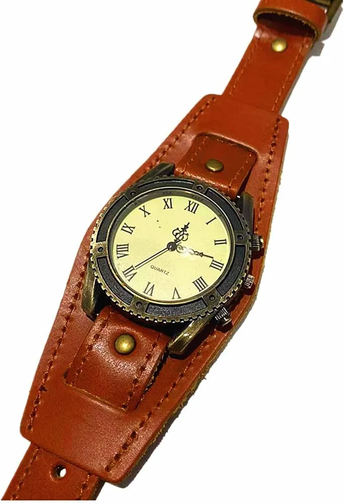 MINILUJIA Handmade Vintage Retro Punk Men Wrist Watch Bronze Dial Wide Genuine Leather Band Cuff Quartz Man Watches for Halloween