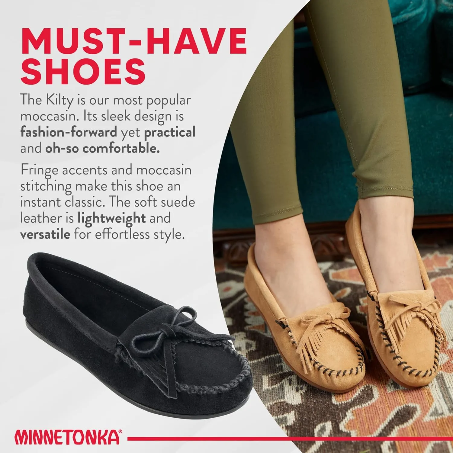 Minnetonka Women's Kilty Suede Hardsole Moccasin