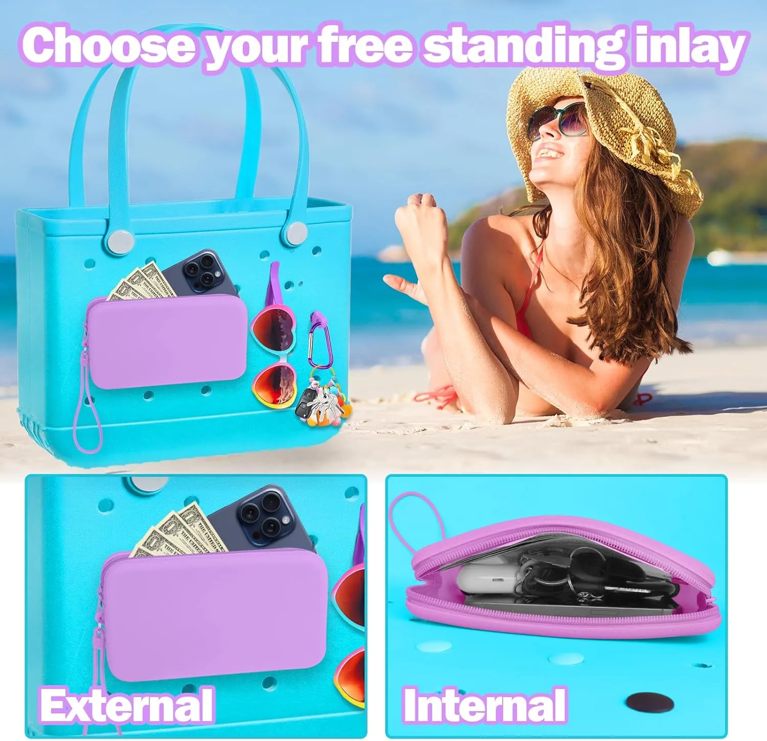 Mity rain Silicone Organizer for Bogg Bag Phone Holder, Accessories Set for Bogg Bag Contain 2PCS Key Holder and a Large Capacity Silicone Zipper Bag for Beach Bags Tote Bag (Purple)