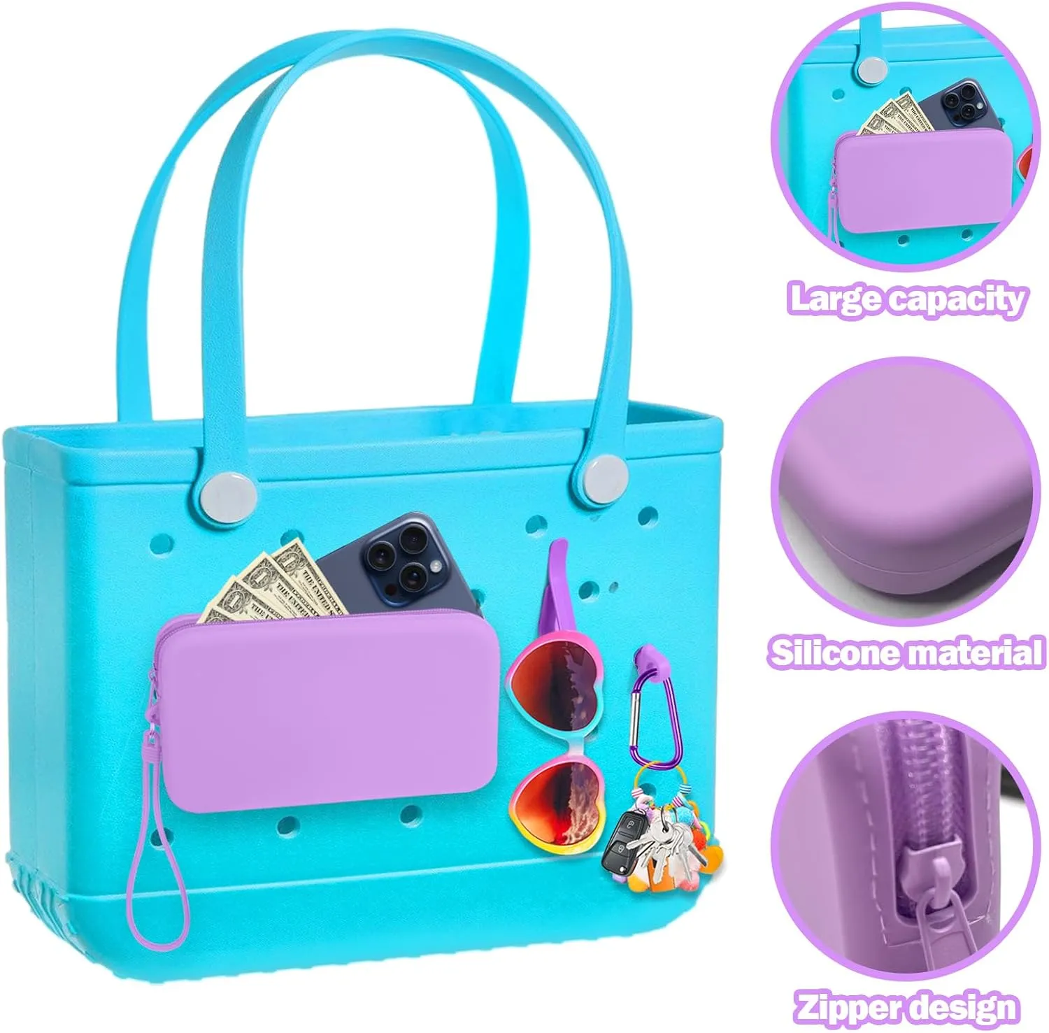 Mity rain Silicone Organizer for Bogg Bag Phone Holder, Accessories Set for Bogg Bag Contain 2PCS Key Holder and a Large Capacity Silicone Zipper Bag for Beach Bags Tote Bag (Purple)