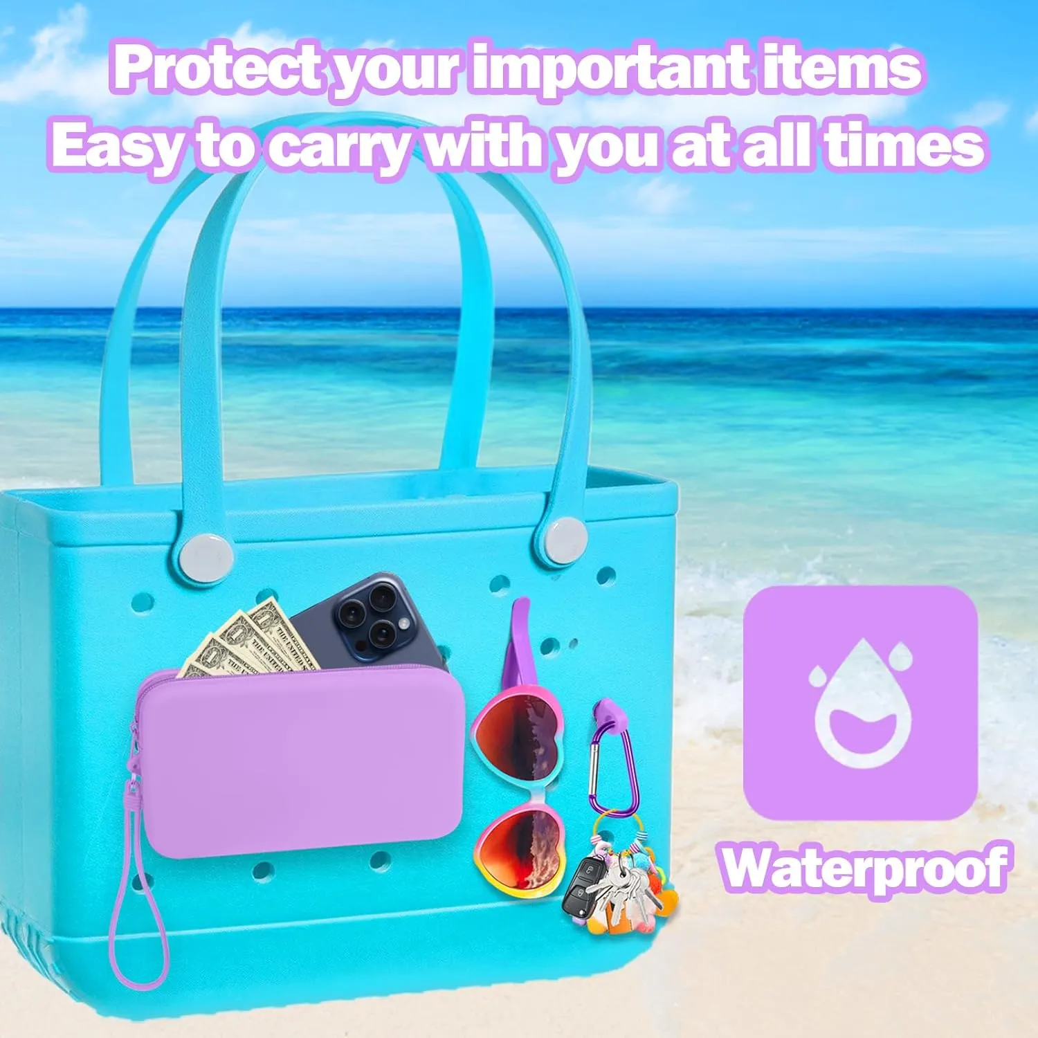 Mity rain Silicone Organizer for Bogg Bag Phone Holder, Accessories Set for Bogg Bag Contain 2PCS Key Holder and a Large Capacity Silicone Zipper Bag for Beach Bags Tote Bag (Purple)