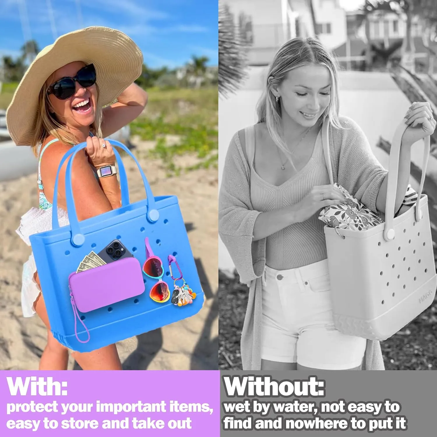 Mity rain Silicone Organizer for Bogg Bag Phone Holder, Accessories Set for Bogg Bag Contain 2PCS Key Holder and a Large Capacity Silicone Zipper Bag for Beach Bags Tote Bag (Purple)