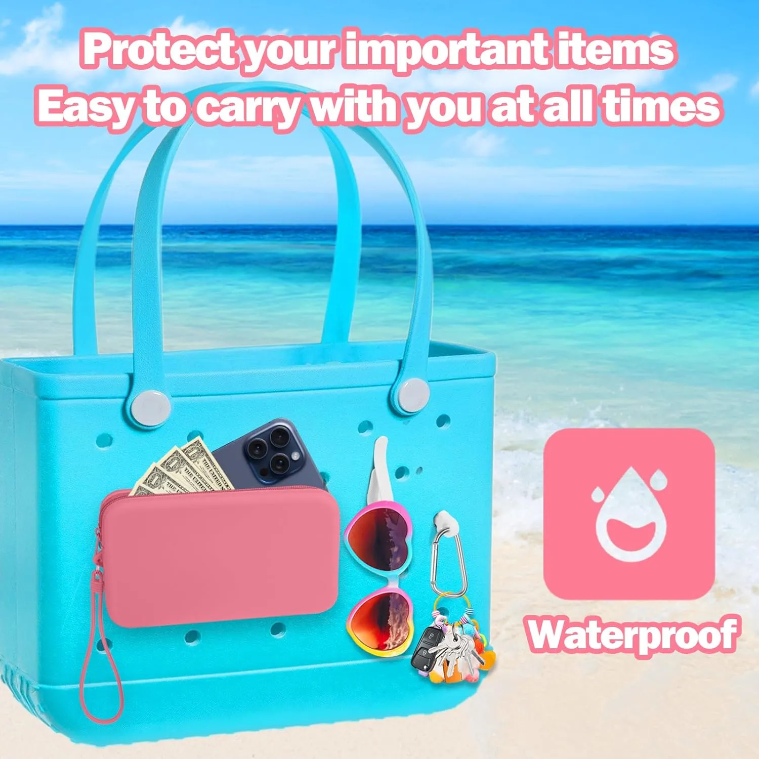 Mity rain Silicone Wallet for Bogg Bag Phone Holder, Accessories Set for Bogg Bag Contain 2PCS Key Holder and a Large Capacity Silicone Zipper Bag for Beach Bags Tote Bag Sakura Pink