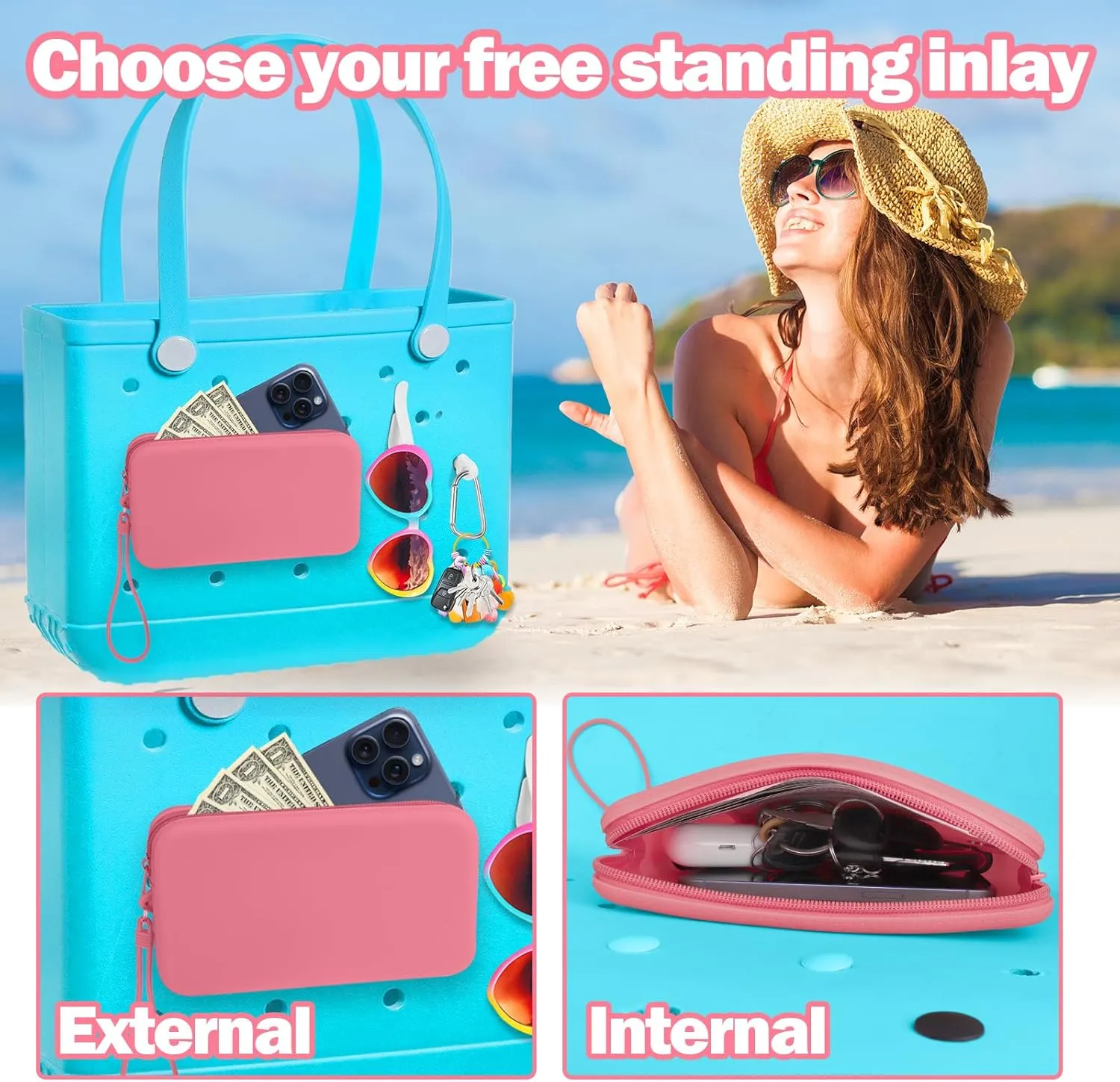 Mity rain Silicone Wallet for Bogg Bag Phone Holder, Accessories Set for Bogg Bag Contain 2PCS Key Holder and a Large Capacity Silicone Zipper Bag for Beach Bags Tote Bag Sakura Pink