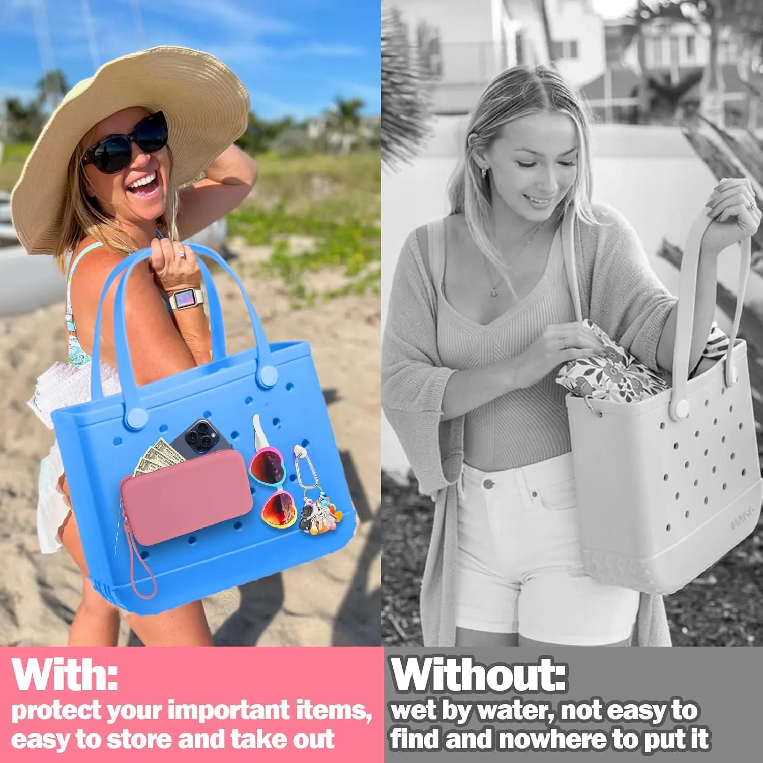Mity rain Silicone Wallet for Bogg Bag Phone Holder, Accessories Set for Bogg Bag Contain 2PCS Key Holder and a Large Capacity Silicone Zipper Bag for Beach Bags Tote Bag Sakura Pink