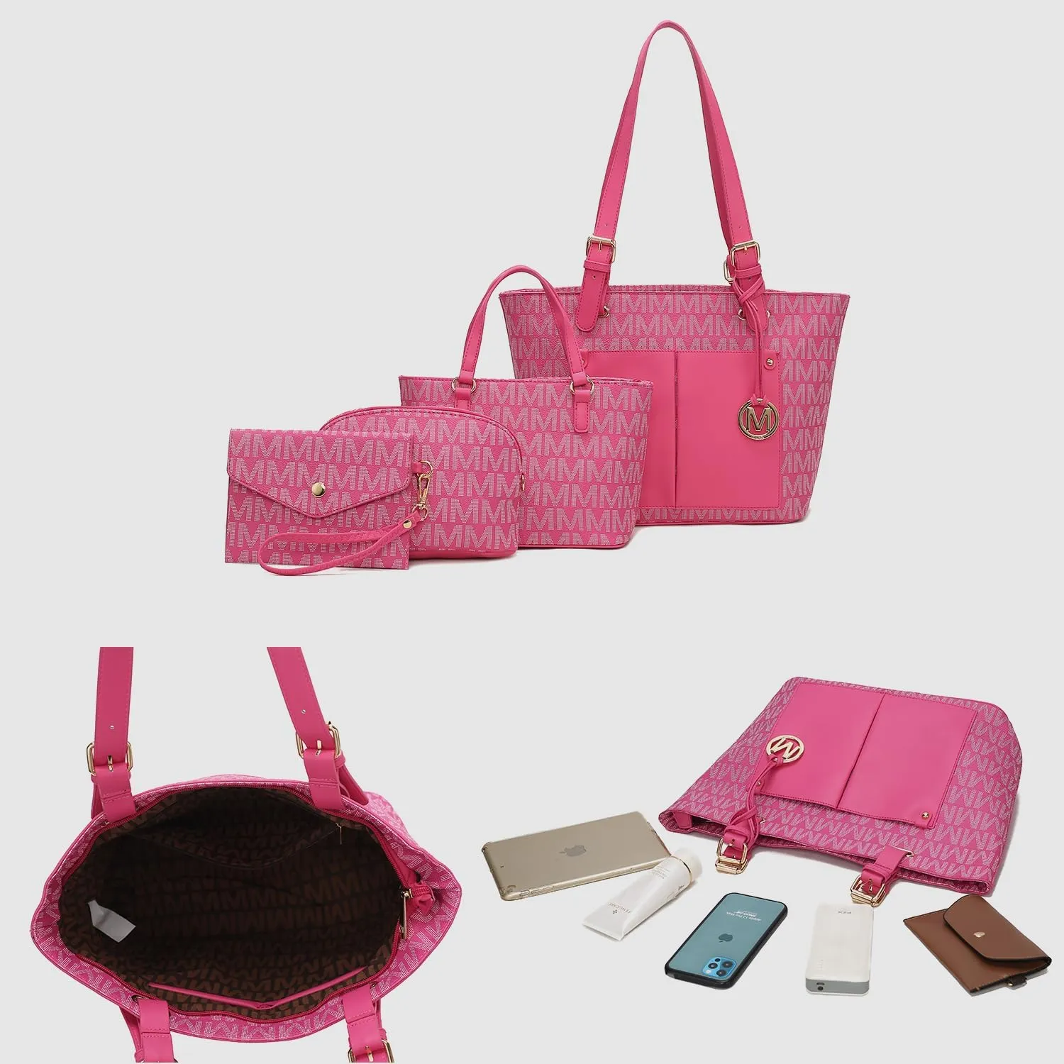MKF Collection Tote Bag for Women, Shoulder Handbag & Wristlet Pouch Purse Top Handle Vegan Leather 4Pcs Set Pocketbook