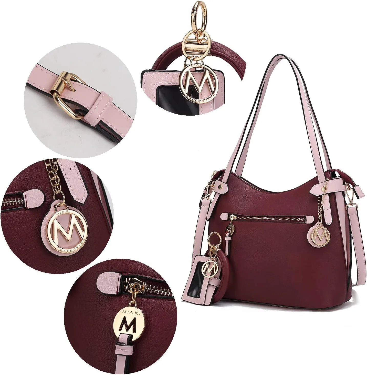 MKF Set, Hobo Bag for Women, Keychain Bracelet Ring & Card Holder Purse – PU Leather Shoulder Handbag Crossbody Strap