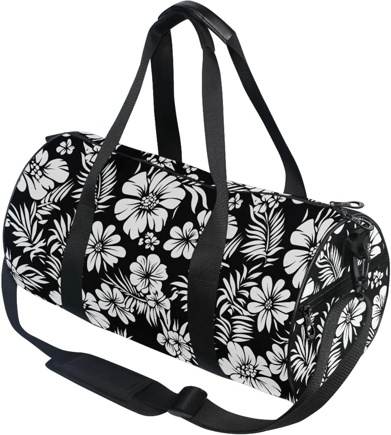 MNSRUU Sports Duffel Bags, Black and White Flower Athletic Gym Bag Overnight Workout Travel Tote Luggage for Men Women Yoga