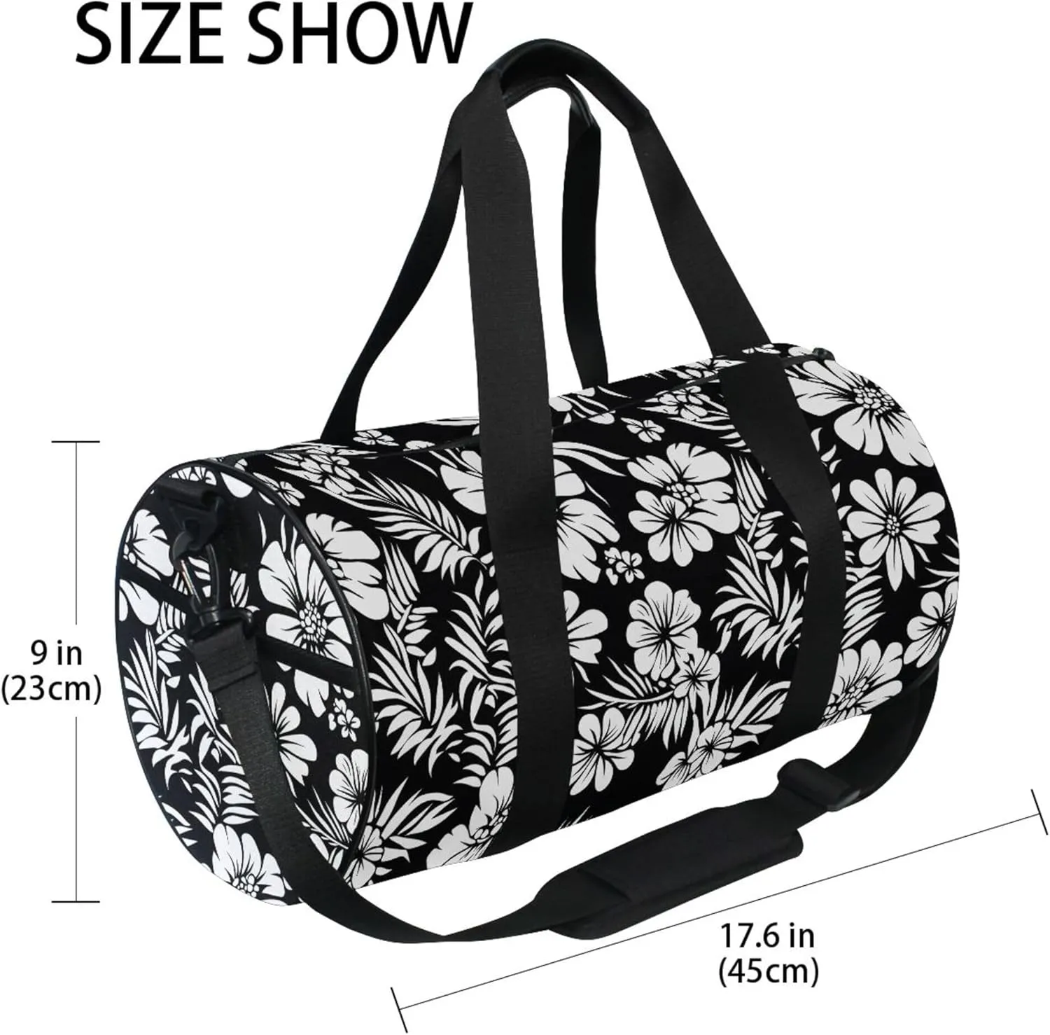 MNSRUU Sports Duffel Bags, Black and White Flower Athletic Gym Bag Overnight Workout Travel Tote Luggage for Men Women Yoga