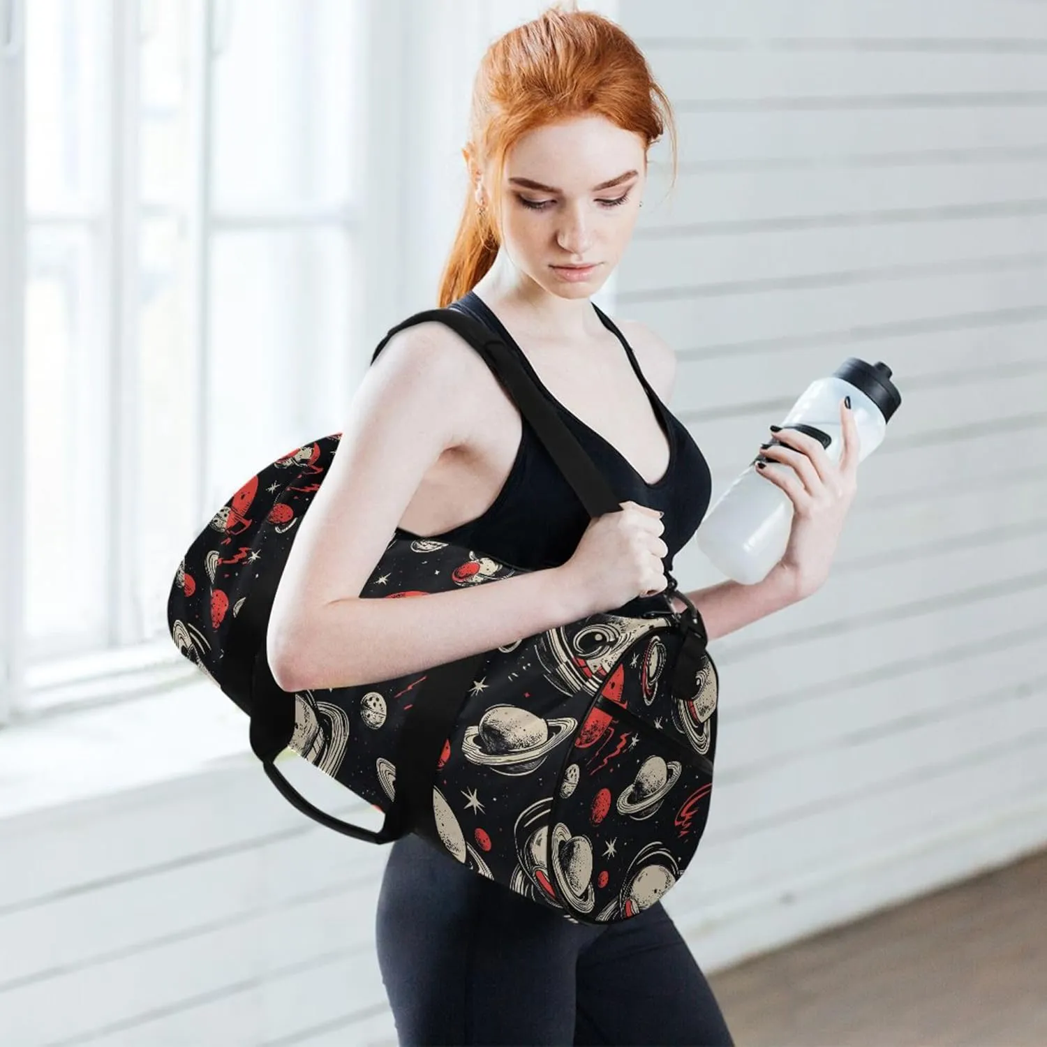 MNSRUU Sports Duffel Bags, White Red Planet Athletic Gym Bag Overnight Workout Travel Tote Luggage for Men Women Yoga