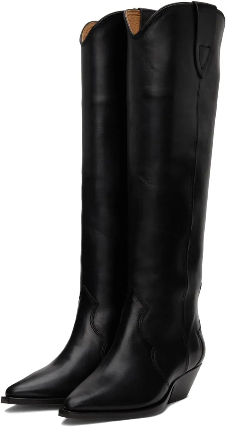 MOOMMO Women Suede Cowboy Knee High Boots Slouch Low Thick Heel Pointed Toe Long Western Boots Wide Calf Pull On Tall Riding Boots Cowgirl Pleated Chunky Heel Dress Boots Casual 4-11 M US