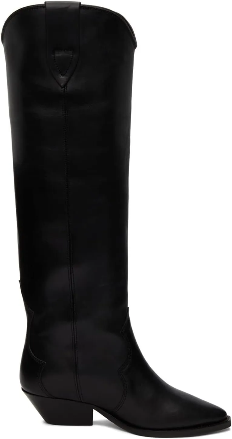 MOOMMO Women Suede Cowboy Knee High Boots Slouch Low Thick Heel Pointed Toe Long Western Boots Wide Calf Pull On Tall Riding Boots Cowgirl Pleated Chunky Heel Dress Boots Casual 4-11 M US