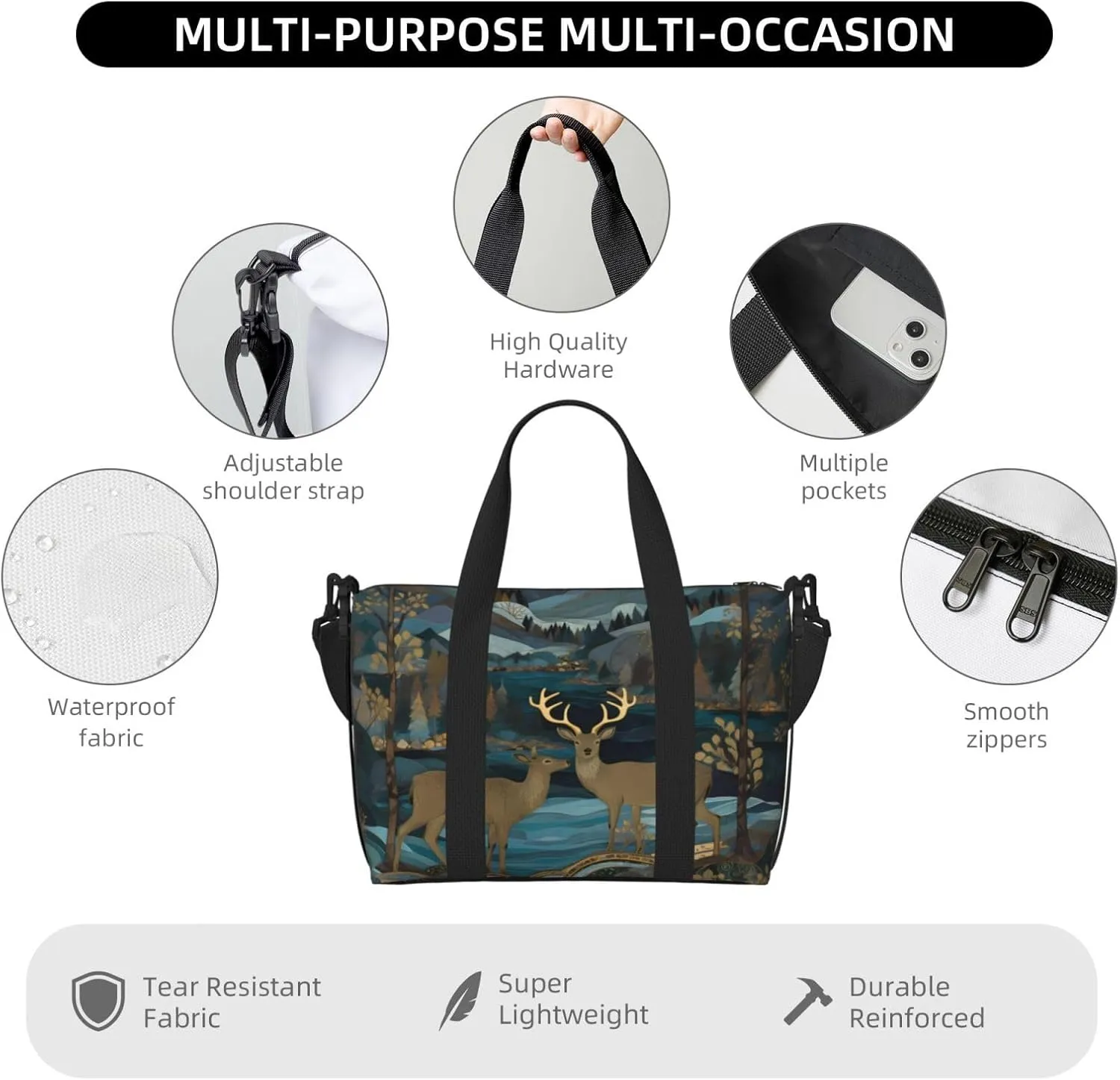 Moon Mountain Deer Tree Travel Duffel Bags for Women Men, Sports Training Gym Bag Dance Bag with Adjustable Shoulder Strap Night Landscape Weekender Overnight Bag