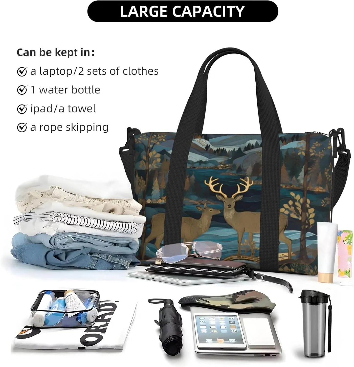 Moon Mountain Deer Tree Travel Duffel Bags for Women Men, Sports Training Gym Bag Dance Bag with Adjustable Shoulder Strap Night Landscape Weekender Overnight Bag