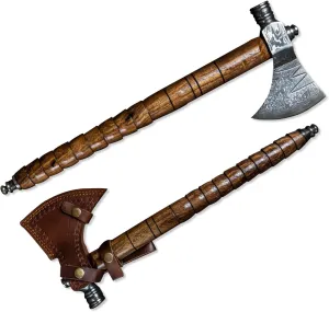 Morf Steelware Handmade Damascus Steel Axe | 18 Inch Viking Style Damascus Axe | Damascus Hunting & Survival Axe with Leather Sheath | Rosewood Brown Handle, Viking Axe