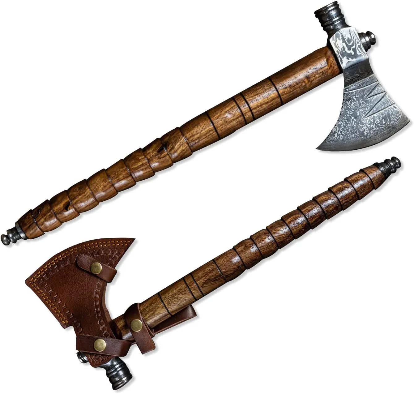 Morf Steelware Handmade Damascus Steel Axe | 18 Inch Viking Style Damascus Axe | Damascus Hunting & Survival Axe with Leather Sheath | Rosewood Brown Handle, Viking Axe