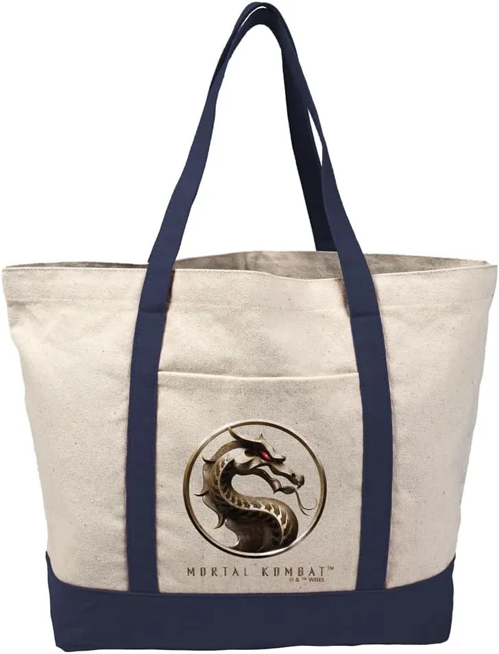 Mortal Kombat Klassic Logo Canvas Tote Bag With External Pocket, Reusable Shoulder Bag for Shopping, Beach, Navy