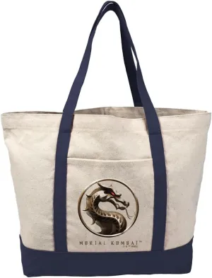 Mortal Kombat Klassic Logo Canvas Tote Bag With External Pocket, Reusable Shoulder Bag for Shopping, Beach, Navy