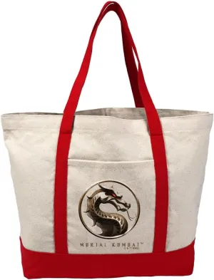 Mortal Kombat Klassic Logo Canvas Tote Bag With External Pocket, Reusable Shoulder Bag for Shopping, Beach, Red