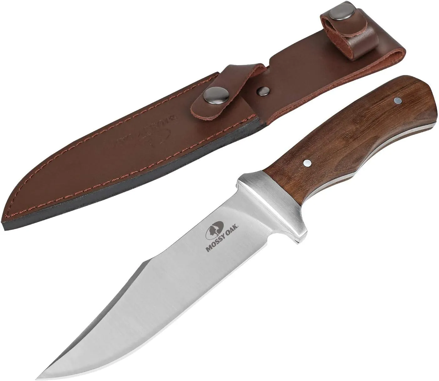 Mossy Oak 11-inch Full-tang Fixed Blade Knife with Leather Sheath, Clip Point Blade and Wood Handle, for Outdoor Survival, Camping