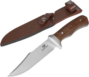 Mossy Oak 11-inch Full-tang Fixed Blade Knife with Leather Sheath, Clip Point Blade and Wood Handle, for Outdoor Survival, Camping