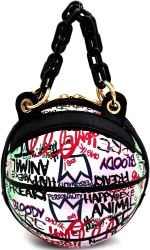 Multicolored Graffiti Print Round Ball Shape Unique Clutch Top-Handle Satchel Handbag