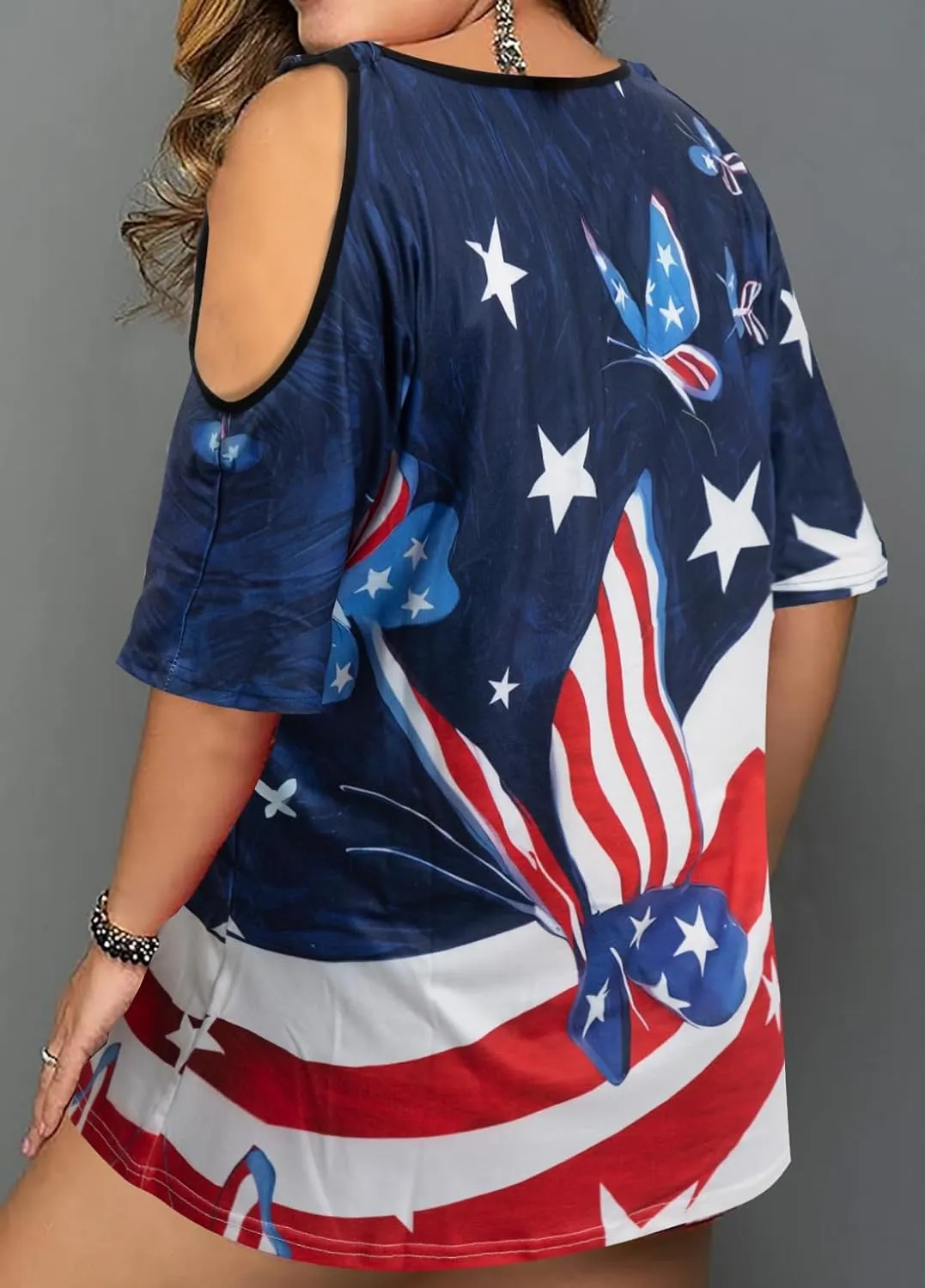 MYHALF Plus Size American Flag Shirt Womens 4th of July Tee USA Flag Tie-Dye Print Shirt Cold Shoulder Patriotic Tops
