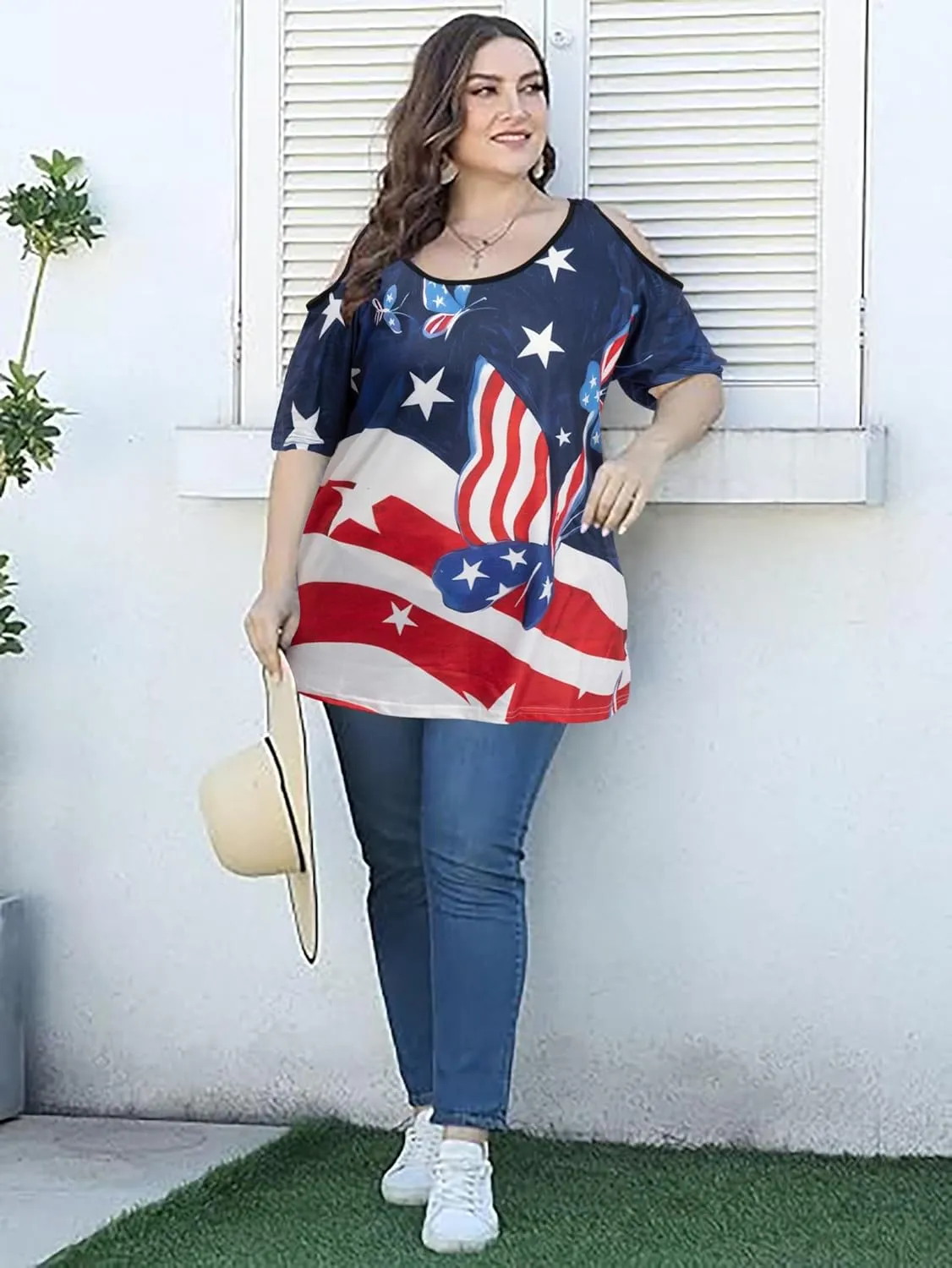 MYHALF Plus Size American Flag Shirt Womens 4th of July Tee USA Flag Tie-Dye Print Shirt Cold Shoulder Patriotic Tops