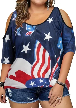 MYHALF Plus Size American Flag Shirt Womens 4th of July Tee USA Flag Tie-Dye Print Shirt Cold Shoulder Patriotic Tops