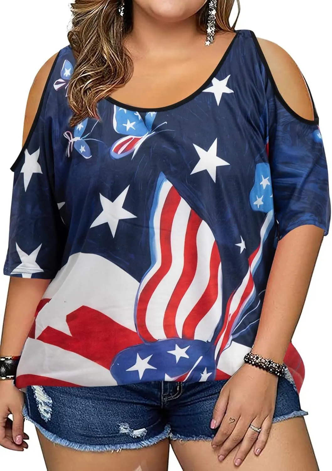 MYHALF Plus Size American Flag Shirt Womens 4th of July Tee USA Flag Tie-Dye Print Shirt Cold Shoulder Patriotic Tops
