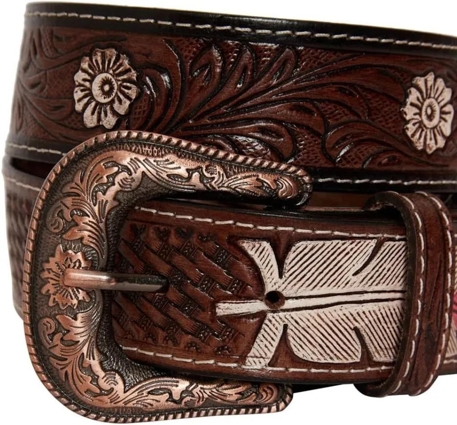 Myra Bag Pink Feather Hand-Tooled Leather Belt for Women S-4062