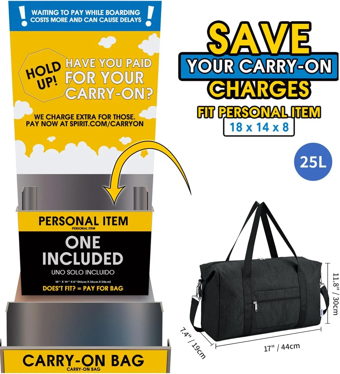 Narwey For Spirit Airlines Personal Item Bag 18x14x8 Foldable Duffle Bag for Travel Packable Duffel Bag for Traveling Carry on Bag for Airplanes Underseat Overnight for Women and Men (Black)