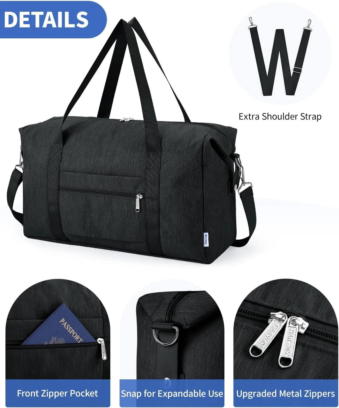 Narwey For Spirit Airlines Personal Item Bag 18x14x8 Foldable Duffle Bag for Travel Packable Duffel Bag for Traveling Carry on Bag for Airplanes Underseat Overnight for Women and Men (Black)