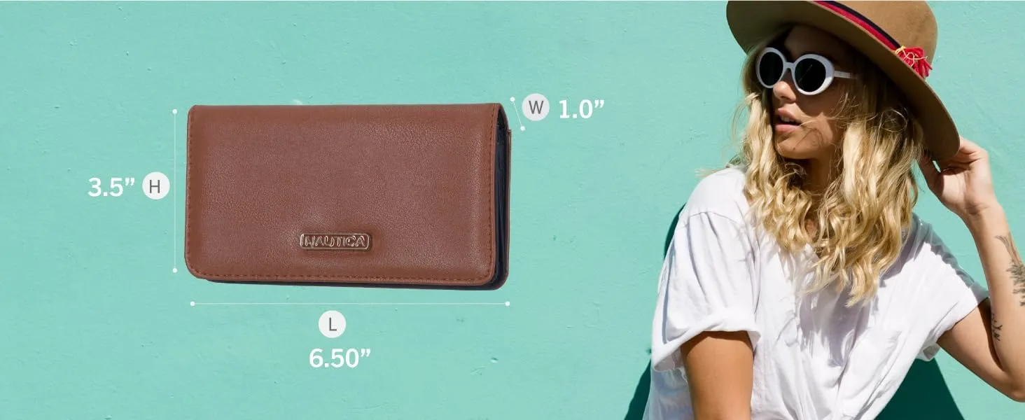 Nautica Seaside Slim Womens Wallet RFID Blocking Credit Card Holder, Coin Purse, Checkbook Organizer Clutch, Small Vegan Leather Wallet for Travel, Indigo Logo
