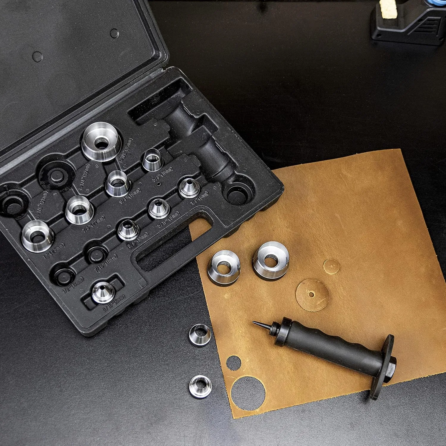 NEIKO 02604A Hole Punch Set | SAE & Metric, 3/16” – 1-3/8” & 5 – 35mm | 14 Piece Sharp Hollow Hole Punch Kit, Gasket Cutting Puncher, Foam Cutter, & Leather Hole Punches | 6” Interchangeable