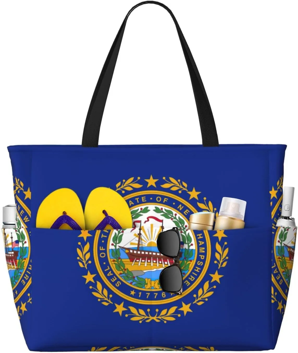 New Hampshire state flag Print Large Capacity Beach Travel Bag with Zipper and Pockets for Camping Travel Gym