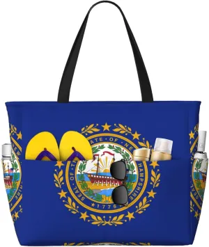 New Hampshire state flag Print Large Capacity Beach Travel Bag with Zipper and Pockets for Camping Travel Gym