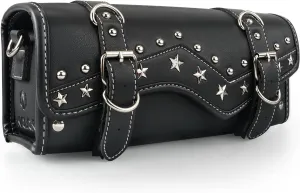 NICECNC Motorcycle Fork Bag Handlebar Bag,Star Rivet Rock Style Vintage PU Leather Classic Cowhide Lines, Universal Motorcycle Tool Storage Bag Sissy Bar Side Tail Frame Bag,Cowhide Texture-Brown