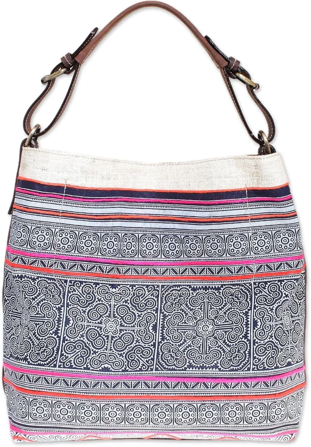 NOVICA Handmade Leather Accented Batik Shoulder Bag Cotton Blue Handle Tote Printed Thailand 'Hmong Labyrinth'