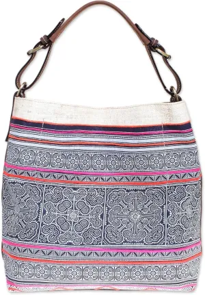 NOVICA Handmade Leather Accented Batik Shoulder Bag Cotton Blue Handle Tote Printed Thailand 'Hmong Labyrinth'