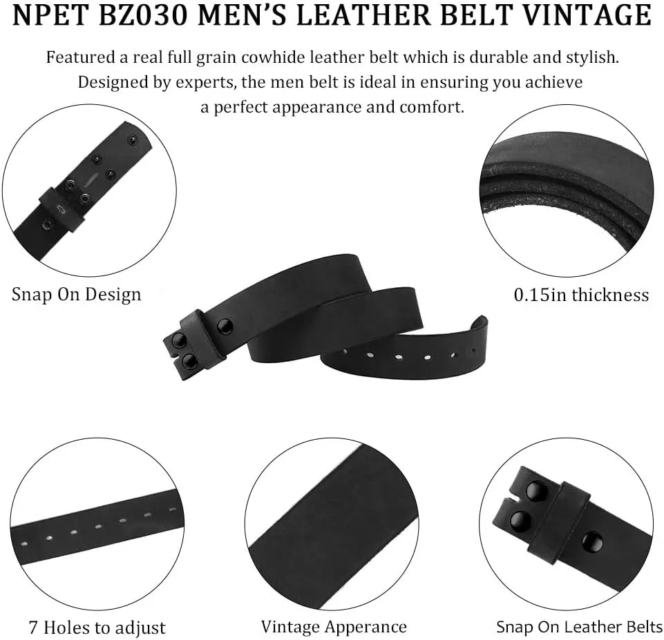 NPET Men's Full Grain Leather Belt Vintage Distressed Style with Snap-On Strap 1 1/2" Wide without Buckle