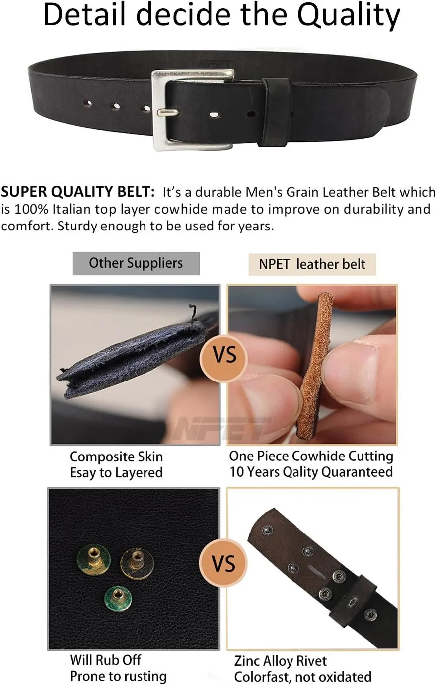 NPET Men's Full Grain Leather Belt Vintage Distressed Style with Snap-On Strap 1 1/2" Wide without Buckle